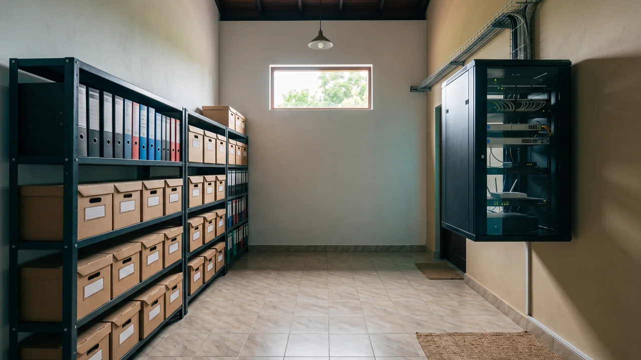 Archive shelves and a server cabinet kept dry
