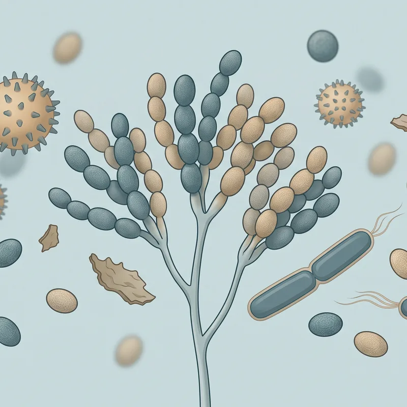 Illustration of pollen, mould spores and bacteria drifting in damp air